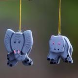 Handmade Set of 2 Albesia Wood 'Hippo and Elephant' Ornaments (Indonesia)