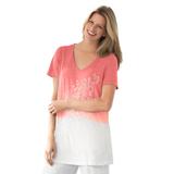 Plus Size Women's Short-Sleeve V-Neck Embroidered Dip Dye Tunic by Woman Within in Sweet Coral Ombre (Size 4X)