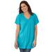 Plus Size Women's Short-Sleeve V-Neck Crinkle Tunic by Woman Within in Pretty Turquoise (Size 2X)