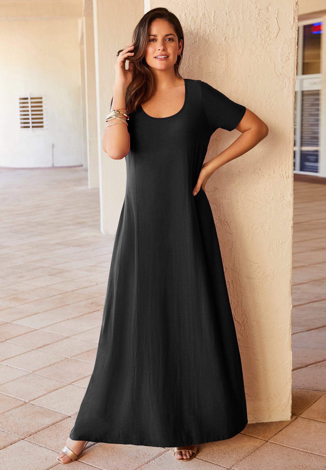 Plus Size Women's Stretch Cotton T-Shirt Maxi Dress by Jessica London in Black (Size 34)