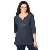 Plus Size Women's Crochet Placket Tee by Catherines in Navy (Size 5X)