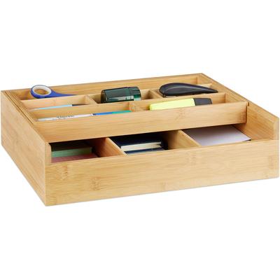 Boîte de rangement bambou, 9 compartiments, organiseur pour tiroir, ouvert, bureau, 9,5 x 37 x 31,5