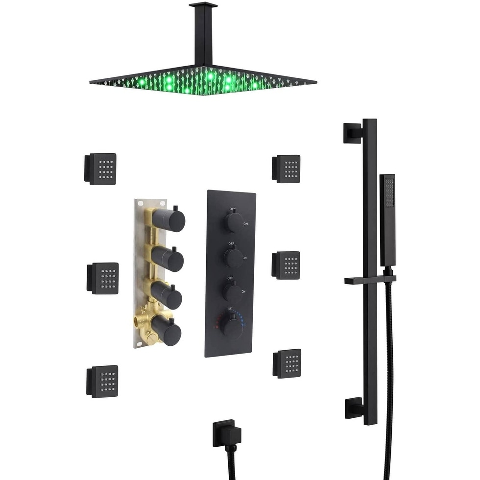 Matte Black 12" LED Rainfall Shower X3 Thermostatic Faucet System w/ Slide Bar, 6 Jets - Matte Black