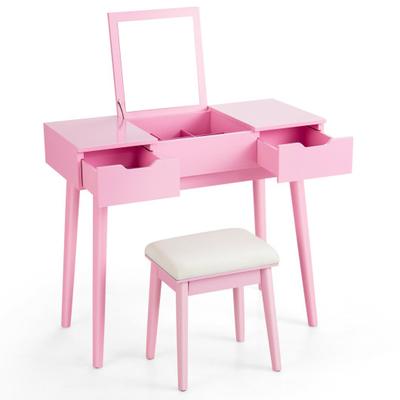 Costway Makeup Vanity Table Set with Flip Top Mirror and 2 Drawers-Pink