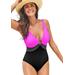 Plus Size Women's Colorblock V-Neck One Piece Swimsuit by Swimsuits For All in Very Fuchsia (Size 24)