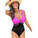 Plus Size Women's Colorblock V-Neck One Piece Swimsuit by Swimsuits For All in Very Fuchsia (Size 20)