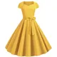 Robe mi-longue évasée à manches courtes pour femmes avec ceinture col carré jaune uni vintage des