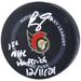 Brady Tkachuk Ottawa Senators Autographed 2021 Model Official Game Puck with "1st NHL Hat Trick 12/11/21" Inscription