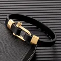 MKENDN hommes femmes noir acier inoxydable U forme Biker Bracelet en cuir vis manille boucle Bracelet Bracelet Couple bijoux