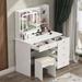 Makeup Vanity Table Set with Three-Color Light Mirror&Mirror & Stool - N/A