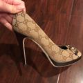 Gucci Shoes | Authentic Gucci Peep Toe Heels ; Worn About 10 Times In Excellent Condition. | Color: Brown/Cream | Size: 5.5