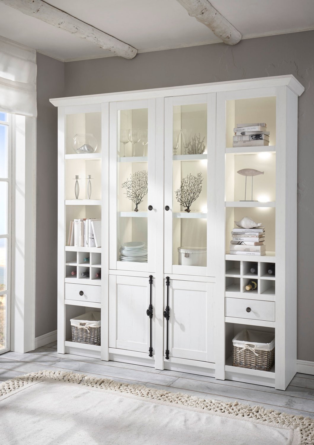 Buffetschrank 4-türig 194x207 cm mit Flascheneinteilung + 2x Schubkästen weiß Pinie WALES + BELEUCHTUNG