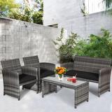Gymax 4PCS Patio Outdoor Rattan Conversation Furniture Set w/ Cushion