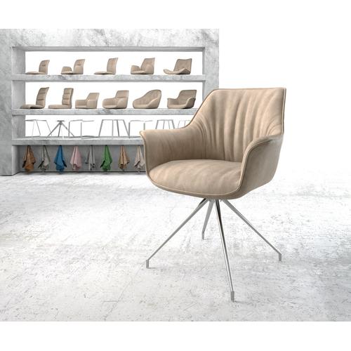 DELIFE Drehstuhl Keila-Flex mit Armlehnen Beige Vintage Kreuzgestell konisch Edelstahl 180° drehbar, Esszimmerstühle