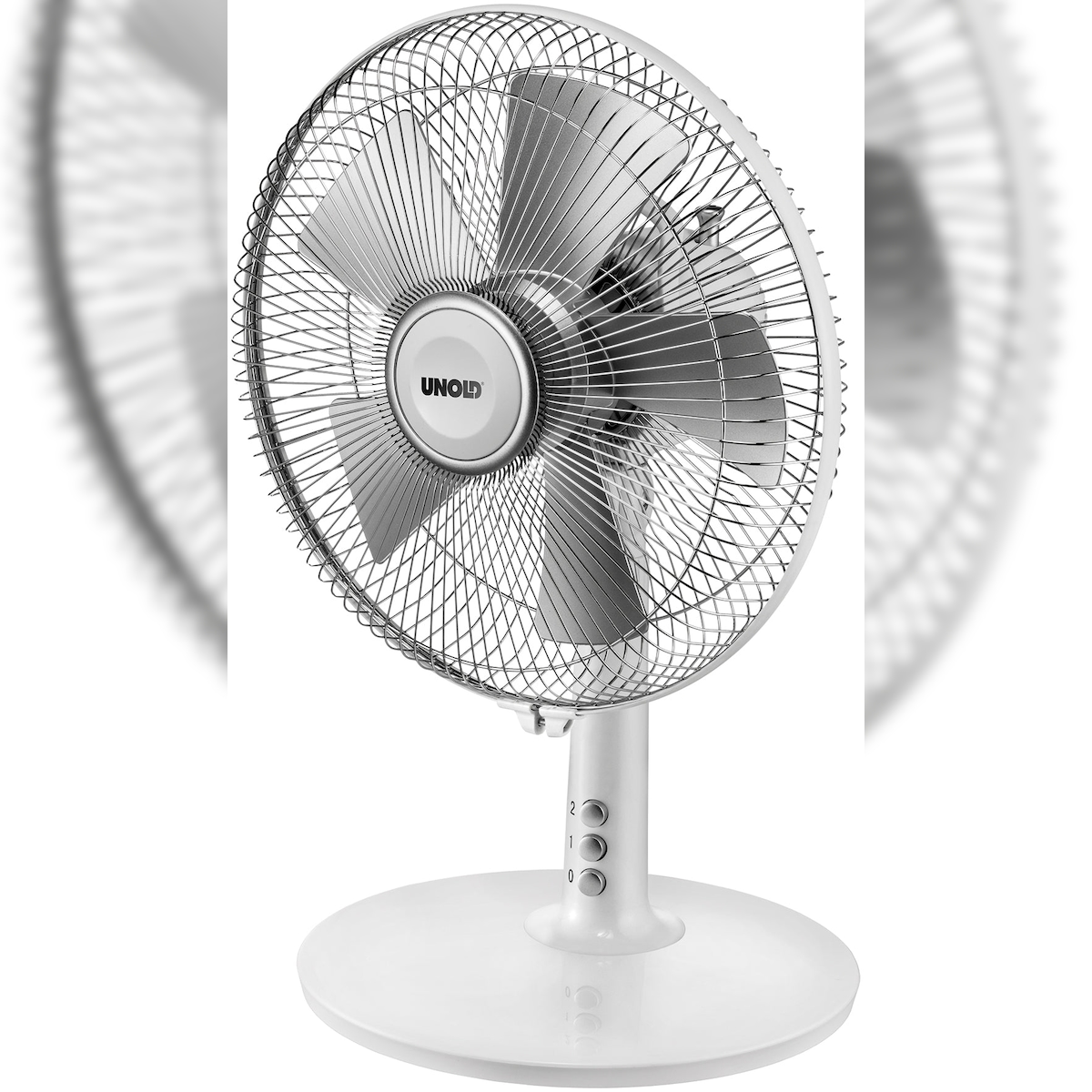 Unold Tischventilator Silverline, 3-Stufige Geschwindkeitsregelung per Tastendruck, Leistung: 25 Watt, 86810 Weiß/Silber Image