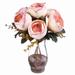 Enova Home 7 Heads Artificial Silk Peony Fake Flowers Arrangement in Clear Glass Vase with Faux Water for Home Office Decoration