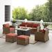 Bradenton 6Pc Outdoor Wicker Sofa Set W/Fire Table Sangria/Weathered Brown - Tucson Fire Table, Sofa, 2 Armchairs & 2 Ottomans - Crosley KO70184WB-SG