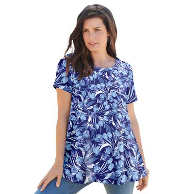 Plus Size Women's Swing Ultimate Tee with Keyhole Back by Roaman's in Navy Watercolor Tulip (Size 4X) Short Sleeve T-Shirt