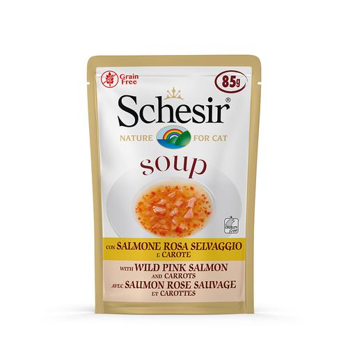 24 x 85 g Wilder Rosa Lachs & Karotten Schesir Cat Soup Katzenfutter nass