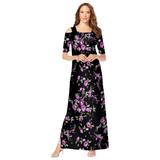 Plus Size Women's Ultrasmooth® Fabric Cold-Shoulder Maxi Dress by Roaman's in Purple Rose Floral (Size 26/28)