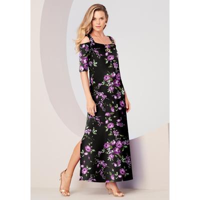 Plus Size Women's Ultrasmooth Cold Shoulder Maxi Dress by Roaman's in Purple Rose Floral (Size 26/28)