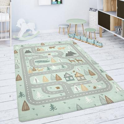 Kinderteppich Teppich Kinderzimmer Spielmatte Straße Bär Elch Bäume Grün Grau 80x150 cm - Paco Home Image