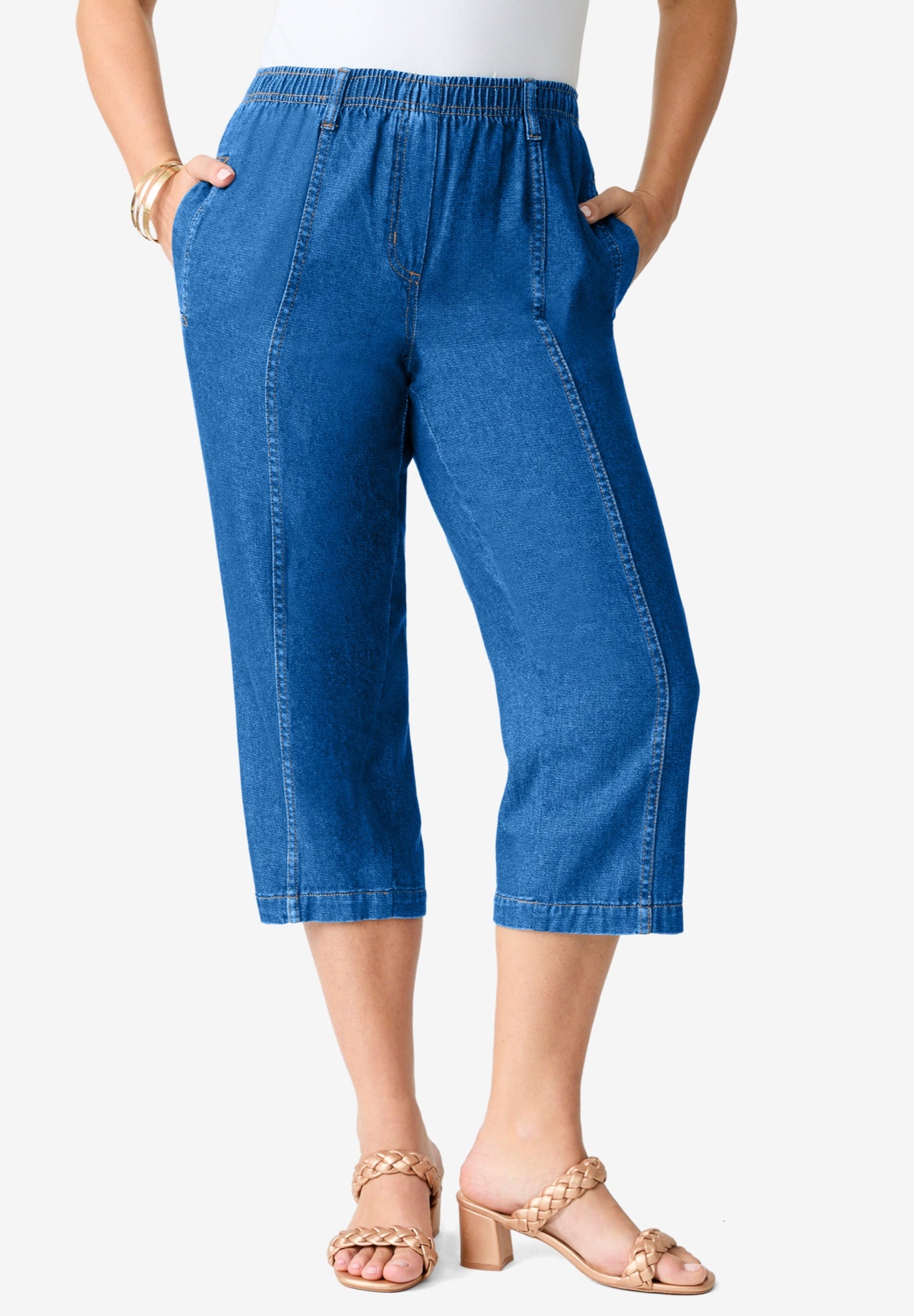 Plus Size Women's Plus Size Easy-Wear Straight Leg Capri by Roaman's in Medium Wash (Size 28 W)