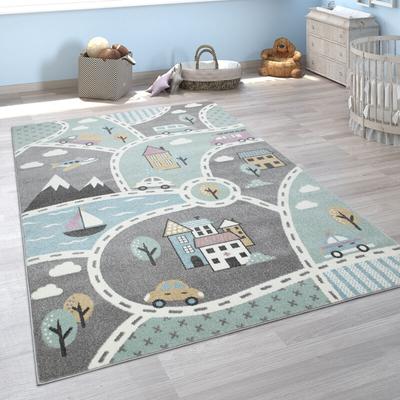Kinder-Teppich Mit Straßen-Motiv, Spiel-Teppich Für Kinderzimmer, In Grün Grau 120x170 cm - Paco