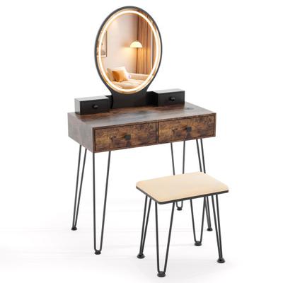 Costway Vanity Table Set with 3-Color Lighted Dimmable Mirror-Brown