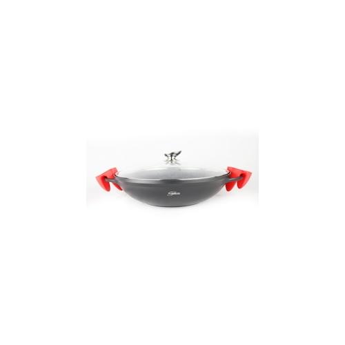 WOK Wokpfanne Woktopf Silikongriffe Induktion 36cm Aluguss mit Deckel Bratpfanne Marmorbeschichtung