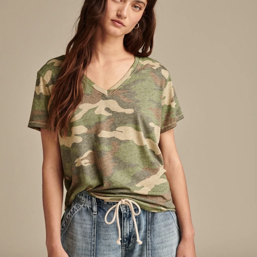 Lucky Brand Classic V-Neck - Women's Clothing V Neck Tops Tee Shirts in Green Camo, Size XL