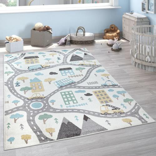 Kinderteppich Teppich Kinderzimmer Spielteppich Pastell Autos Creme Petrol Grau 200x280 cm - Paco