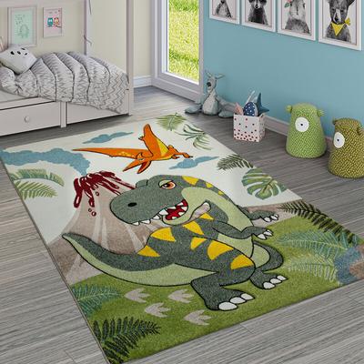 Kinderzimmer Teppich Grün Dinosaurier Dschungel Vulkan 3-D Effekt Kurzflor 80x150 cm - Paco Home