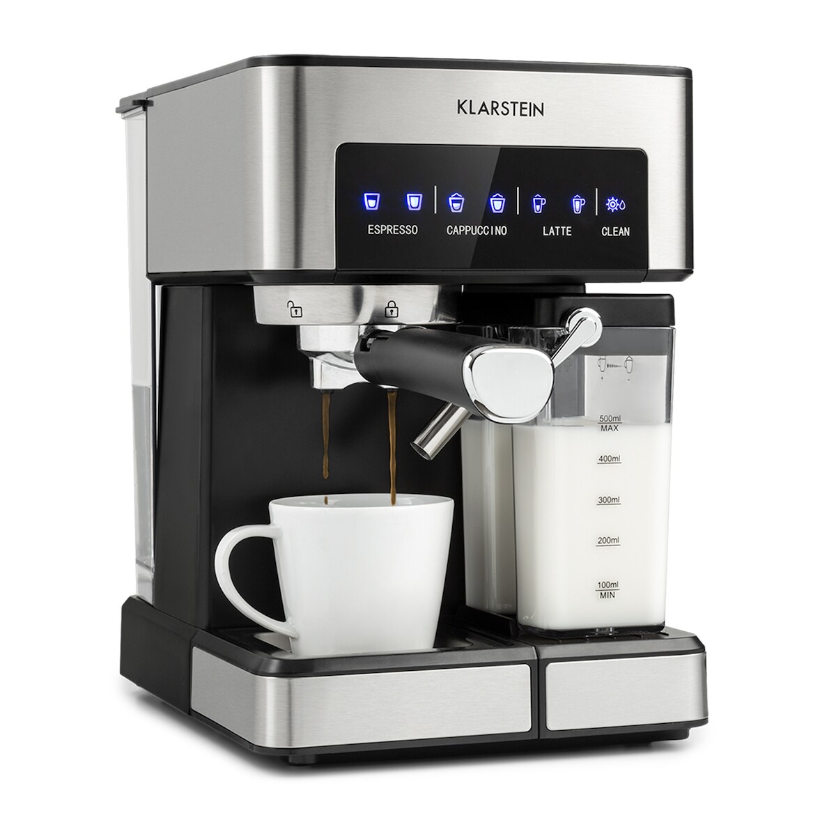 Klarstein Arabica Comfort Siebträgermaschine 1350W 20 Bar 1,8l Touch-Bedienfeld Silber-Metallic