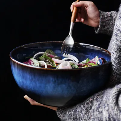 Super grand bol à salade en céramique bleu bol à goutte vaisselle en gros bol profond bol de