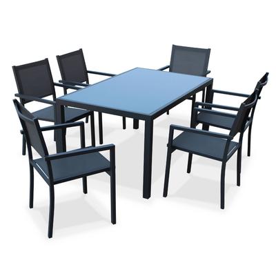Salon de jardin aluminium table 150cm, 6 fauteuils en textilène