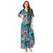 Plus Size Women's Flutter-Sleeve Crinkle Dress by Roaman's in Teal Watercolor Bouquet (Size 22/24)