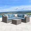Wade Logan® Baecher 6 Piece Rattan Sectional Seating Group w/ Cushions Synthetic Wicker/All - Weather Wicker/Wicker/Rattan in Blue | Outdoor Furniture | Wayfair
