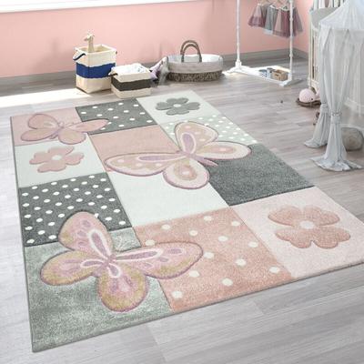 Paco Home - Kinder Teppich Kinderzimmer Bunt Rosa Schmetterlinge Karo Muster Punkte Blumen 120x170