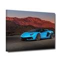 Lamborghini Aventador SVJ Canvas Poster Blue Speed Sports Car Wall Art Mountain Background Road Framed Art Prints Modern Home Decoration for Living Room Bedroom, Ready to Hang (Lambo-2, 16x24inch)
