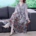 ZUOMAN-Robe longue brodée pour femme col en V manches lanterne maille vintage robe de soirée