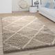 Paco Home - Tapis De Salon Poils Longs Shaggy Motif Losanges Scandinave Moderne Beige 200 cm carré