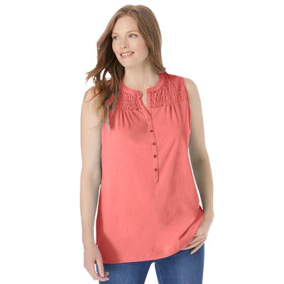 Plus Size Women's Smocked Henley Tank Top by Woman Within in Sweet Coral (Size L)