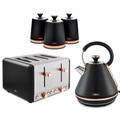 TOWER Cavaletto Black & Rose Gold 3KW 1.7L Pyramid Kettle, 4-Slice 1800W Toaster & Set of 3 Tea, Coffee, Sugar Canisters. Matching Kitchen Set in Black & Rose Gold