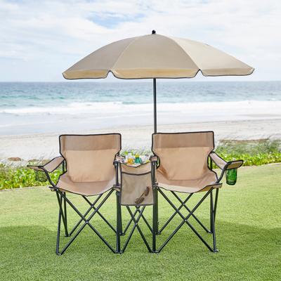Twin Folding Picnic Chairs with Umbrella & Cooler by BrylaneHome in Taupe