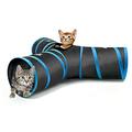 Pawaboo Katze Tunnel - Faltbar 3 Wege Katzentunnel Cat Play Tunnel Spieltunnel Rascheltunnel Katzenspielzeug mit Pompon und Glocken für Hunde, Welpeln, Kaninchen, 25 * 40cm, Schwarz und Hellblau