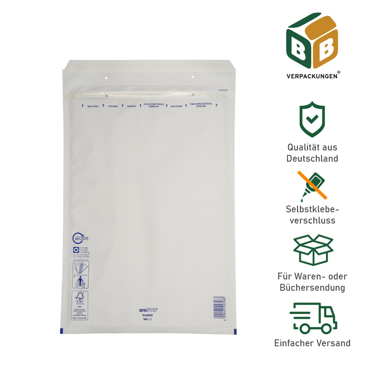 BB-Verpackungen GmbH 100 x Luftpolsterversandtasche (320 x 455 mm) 9 / I weiß Luftpolstertaschen Umschläge Versandtaschen Selbstklebeverschluss BB-Verpackungen Image