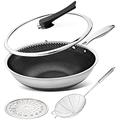 MICHELANGELO 30cm Wok with Lid, Stainless Steel Wok Non Stick, Non Stick Woks & Stir-Fry Pans with Honeycomb Coating, Large Wok 30cm, Induction Wok Set, 4 Piece