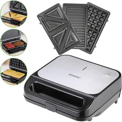 Sandwichmaker 3 in 1 Sandwichtoaster mit 3 abnehmbare Sandwich- Grill- Waffelplatten 1000 Watt