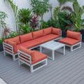 LeisureMod Chelsea 7-Piece Patio Sectional And Coffee Table Set Weathered Grey Aluminum With Cushions in Orange - LeisureMod CSTWGR-7OR